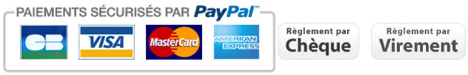 Paiement par Visa, Mastercard, PayPal, Cheque, Virement bancaire